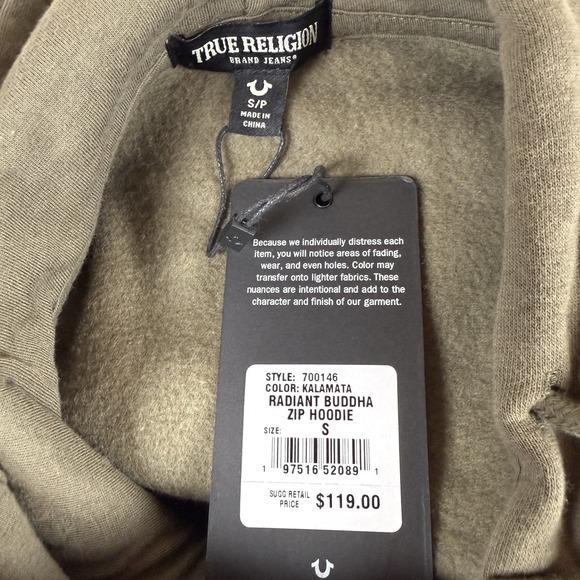 True Religion Radiant Buddha Zip Up Hoodie Men's Small Kalamata Green New $119 - Picture 5 of 9